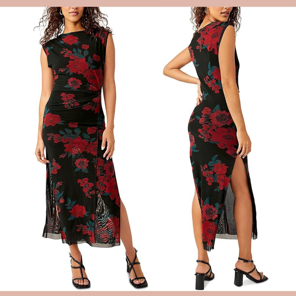 NEW $148 FREE PEOPLE [ Small‎ ] Carmel Floral Mesh Midi-Dress in Black Red 6331